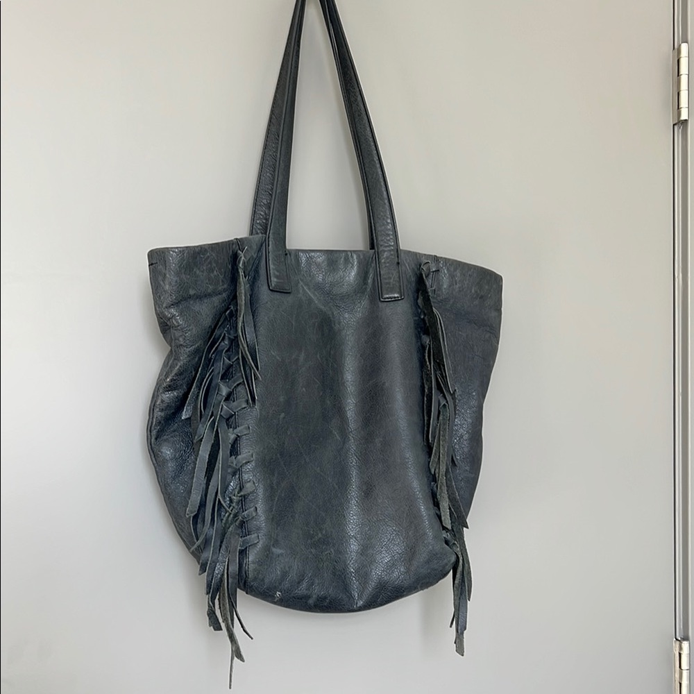 Navy Leather Fringe Tote Bag